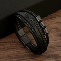 Detail of multi-layer black braided leather bracelet with magnetic buckle and metal beads - 19cm / Black + Matte Black Buckle