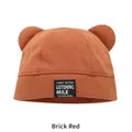 Brick red knit beanie with cute bear ears and black woven label for kids - M (54-58cm) / Brick Red
