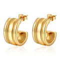 Elegant gold-plated chunky C-shaped earrings with triple vertical textured lines - Gold (MS-135)