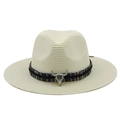 Detail of western straw hat with ethnic band and metal bull head buckle ornament - M(56-58cm) / Creamy White