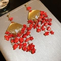 Close-up of vintage earrings featuring gold fan studs with red beaded fringe tassels - Silver Pin - Gold - Red Stone Tassel (36#)