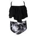 Maillot de bain deux pièces avec haut à volants noirs et bas taille haute imprimé palmier - 152 / Haut Noir + Bas à Feuilles Noir et Blanc