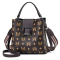 Deep brown bucket bag with monogram pattern and adjustable striped shoulder strap - Dark Brown Monogram