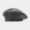 Detailed view of dark grey waffle knit beret showing thick wool texture and ribbed edge - One Size / Dark Gray