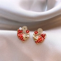 New Chinese style carp earrings with red enamel, pearls and zircon in golden finish - Good Luck Koi Style (11#)