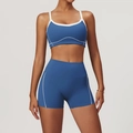 Blue sports bra and high-waisted shorts set with white piping for fitness and yoga - S / Bra + Shorts / Night Sky Blue