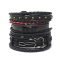 Men's multi-layer leather bracelet set with a black metal guitar charm and red accents - Black Guitar Rivet Red Set