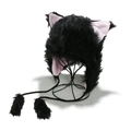 Süße schwarze Kunstpelz-Mütze mit Katzenohren in Rosa und Plüsch-Bommeln für den Winter - M(56-58cm) / Schwarz