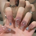 Pink press-on nails with sparkling rhinestones, glitter, and heart design in ballet shape - Glue Type / Ombre Pink Heart Rhinestone (N5166)