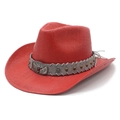 Red western straw cowboy hat with a metal bull head buckle and curved brim on white background - M (56-58cm) / Red