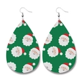 Detail of teardrop faux leather earrings featuring festive Santa Claus print and silver hooks - Santa Claus