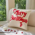 Housse de coussin de Noël crème avec broderie rouge texturée Merry Christmas - Lettre de Chapeau de Noël en Chenille / 45*45 (Housse Uniquement)