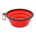 Portable red silicone slow feeder dog bowl with black rim and hanging metal carabiner - Red