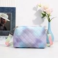 Cloud print crossbody bag with gradient tie-dye pattern and rainbow fabric strap - Purple