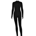 Slim fit black long sleeve jumpsuit featuring front zipper and thumbhole cuffs on white - S / Black