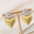 Minimalist heart stud earrings in two-tone 18K gold and silver finish stainless steel - Double Heart Steel Gold Stitching Earrings (KE110549-WGJD)