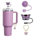 Purple 40oz stainless steel tumbler set with butterfly straw covers and charm pendant - Suitable for 8mm Straws / Purple Jewelry Set