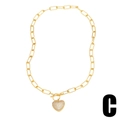 Collier chaîne trombone dorée avec pendentif cœur pavé de zircons et fermoir à bascule - Cœur Pavé Complet Classique (C)