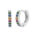 Detailed view of silver hoop earrings featuring a row of vibrant multi-color gemstones - Silver-Tone - Colorful Zircon