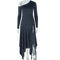 Detail of black one-shoulder midi dress with asymmetrical hem and high side slit - S / Black
