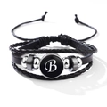 Multi-layer black leather bracelet with letter B pendant and metallic bead accents - Letter-B