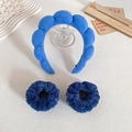 Bright blue spa headband and dark blue wristband set in soft absorbent coral fleece - Blue