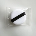 Single white round crystal velvet powder puff with black ribbon in clear packaging - Candy Bag 55x10mm / White (Black Ribbon)