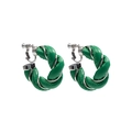 Green leather twisted weave C-shaped hoop earrings with silver metallic hardware accents - Green (Clip-on)
