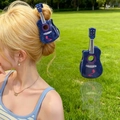 Blue ukulele shark hair claw clip with rhinestones for girls on outdoor grass background - Ukulele Shape / Blue