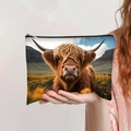 Handheld view of large makeup bag with Highland Cow print in a scenic flower field - Highland Cow in Meadow (jiayingpbb097)