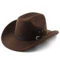 Dark brown wool felt western cowboy hat with vintage buckle and wide curved brim - M(56-58cm) / Coffee