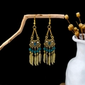 Bohemian vintage gold earrings with deep blue beads and detailed metal feather fringe - Retro Gold Blue Water Drop Feather(E5987-2)