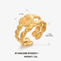 Anillo abierto de acero inoxidable dorado con cuentas y dije de corazón grabado con trébol - Abierto Ajustable / Dorado