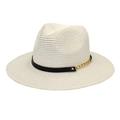 Detail of white straw fedora featuring a black leather band and gold chain accent - M (56-58cm) / Pure White