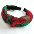 Knotted headband with red and green plaid tartan pattern and subtle gold thread details - Red Green Gold Thread Plaid