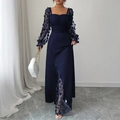 Elegant navy blue long sleeve maxi dress with 3D floral cutout details and square neckline - S / Navy Blue