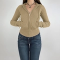 Slim fit khaki hooded zip-up cardigan with drawstring and pockets for women - XS / Khaki