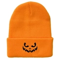 Bright orange knit beanie featuring a black Halloween Jack-o'-lantern pumpkin face print - Orange Minimalist Pumpkin Print Style (橙色-G)