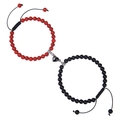 Magnetic couples bracelet set with pink zebra stone and matte black beads and heart charm - Red Turquoise + Matte Stone Bracelet