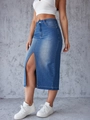Gonna lunga in denim blu a vita alta con spacco laterale e orlo con frange - S / Blu