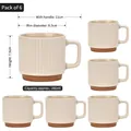 Set of 6 cream striped ceramic mugs 260ml with clay-textured base and square handle - Set of 6 (Miduohuang Beige)