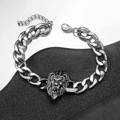 Gothic punk silver metal Cuban link bracelet featuring a 3D roaring lion head charm - Cuban Chain 3D Roaring Lion Head Bracelet (B23-216 B6-F2)