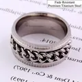 Silver titanium steel spinner ring with industrial chain texture and gear edge - US 6 / 8MM Embossed Chain Silver