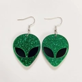 Detail of green glitter alien head earrings made of acrylic for Halloween fashion - Sequin Green