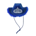 Elegant blue cowboy hat with feather trim and a silver crown featuring colorful gemstones - Adult 58CM / Royal Blue Feather