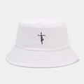 Detail of white cotton bucket hat featuring black faith cross embroidery and stitched brim - M (56-58cm) / White