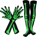 Detail von neongrünen Skelettaufdrucken auf schwarzen Halloween Handschuhen und Strümpfen - Leuchtendes Skeletthandschuh- und Sockenset