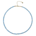 Detail view of light blue turquoise beaded necklace with golden lobster clasp and heart charm - Aquamarine Necklace