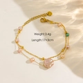 Bracelet double rang en acier inoxydable doré 14K avec perles baroques et pierre verte - Baroque Artificial Pearl (B4)