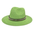 Detail of bright green straw fedora hat featuring black band with square metal rivets - M (56-58cm) / Fruit Green